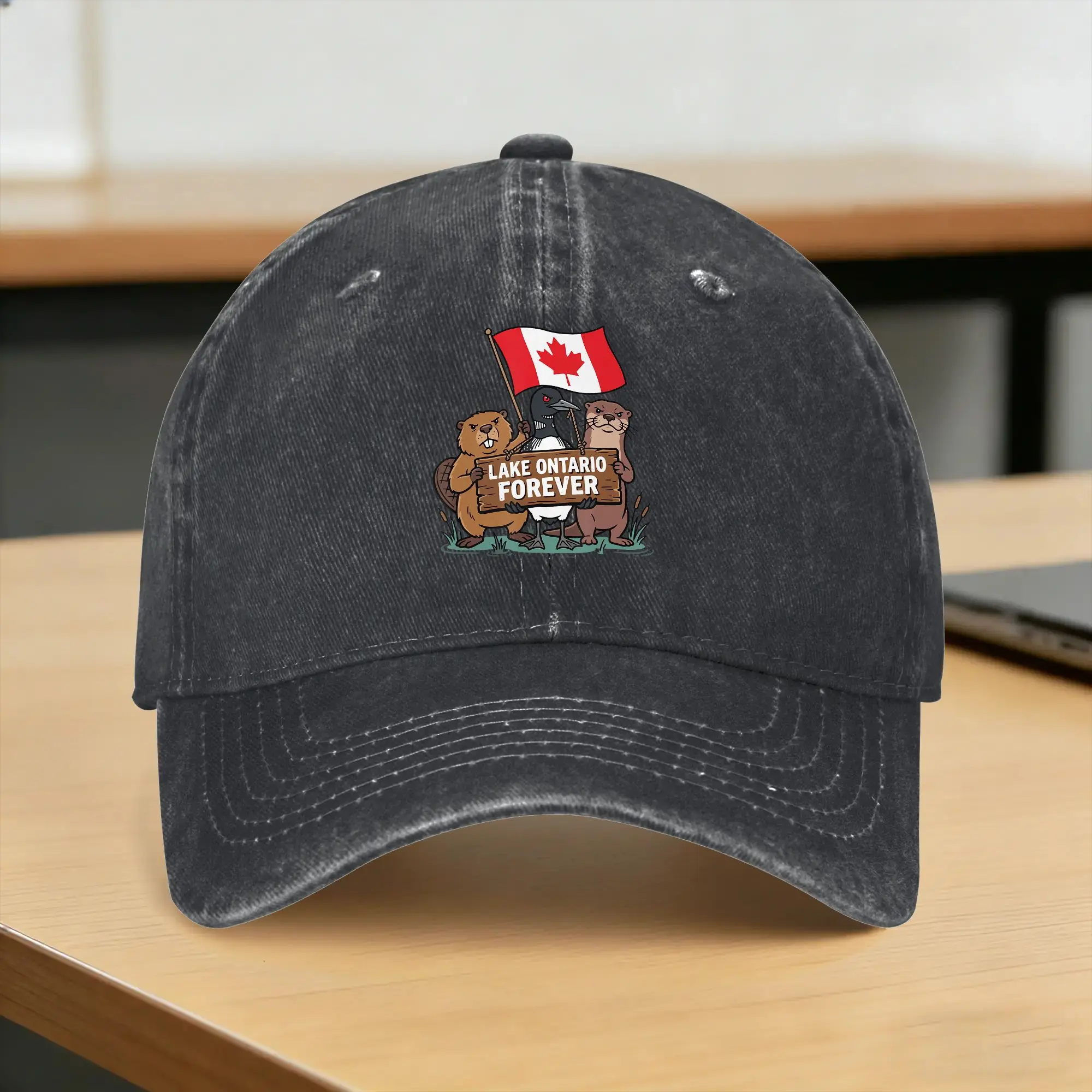 Summer Lake Ontario Forever Animals Flag Funny Baseball Cap Sun  Wholesale Custom DIY Washed Trucker Hat  Fishing Baseball Caps