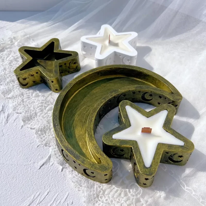 Moon Star Candle Mold Ramadan Kareem Plate Resin Silicone Mold Islam Muslim Tray Cement Concrete Planter Mold