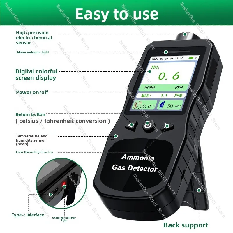 Portable Ammonia Gas Detector with Alarm, Concentration Display for Hydrogen Sulfide H2S, Handheld Gas Leak Monitor