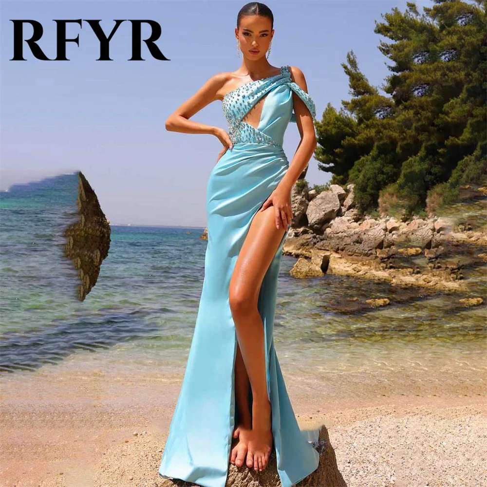 

RFYR Sky Blue Prom Dresses One Shoulder Mermaid Long Evening Dresses High Slit Crystal Robe De Soirée with Pleats Party Dresses