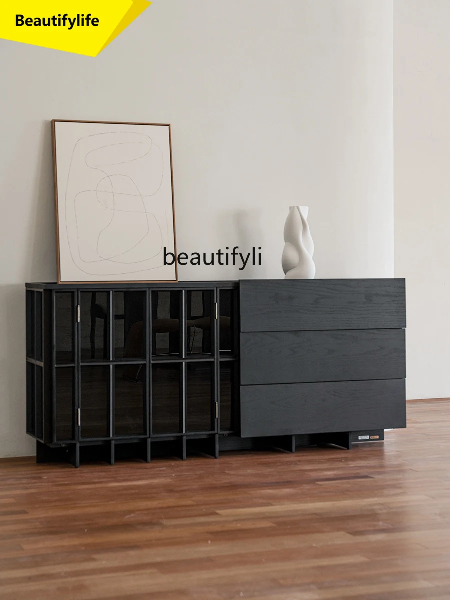 

K185 Cabinet Sideboard Black Wall-Mounted Integrated Kitchen Solid Wood Light Luxury High-End Feel Rock Slab Storage Cabinet