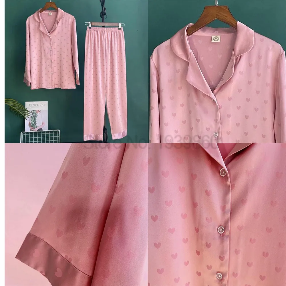 Conjunto de pijama de seda de imitación para mujer, ropa de dormir de satén, conjunto de camisa y pantalones de 2 piezas, Jacquard Love