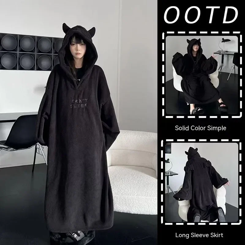 

Little Devil Hooded Nightgown with Plush Thick Homewear Jumpsuit for Couples Men and Women Sleepwear Super David Clothes Trend