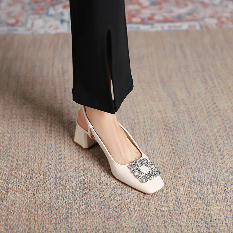 2025 Summer Elegant Slingback Sandals Women Rhinestone Buckle Back Strap Chunky Heel Square Toe 5cm High Heels