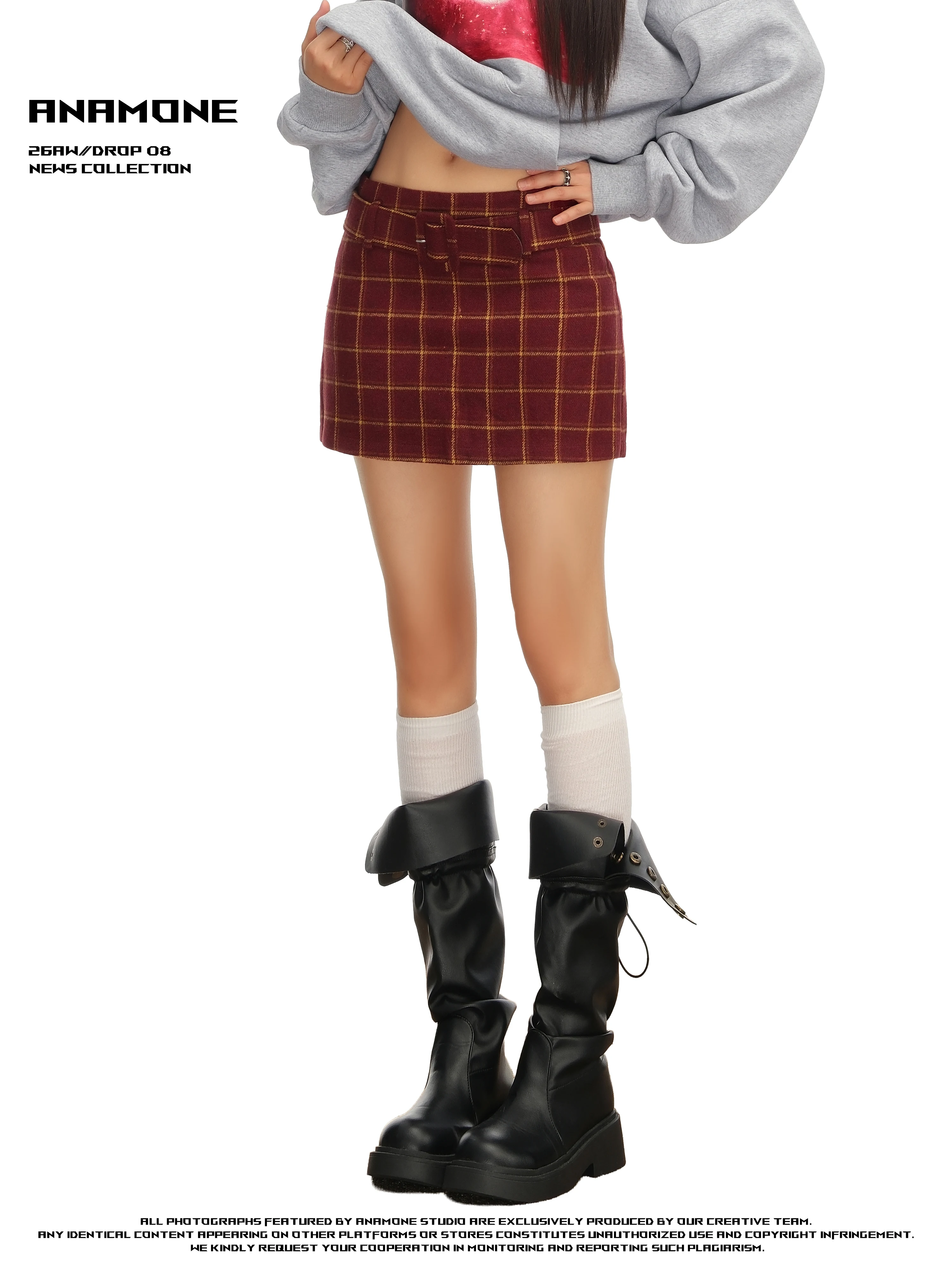 ANAMONE Korean Style Red Plaid  Skirt Women's Autumn Campus Design Sensual Half-length Wraparound Skirt High Waist A-line