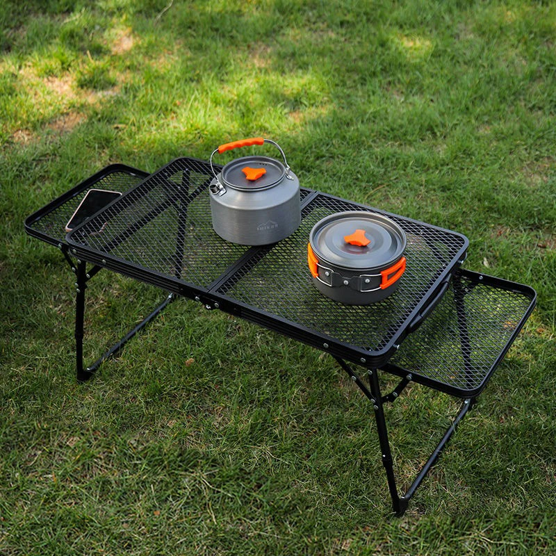 Outdoor adjustable portable table, double ear street vendor, camping picnic table, iron mesh leisure folding table