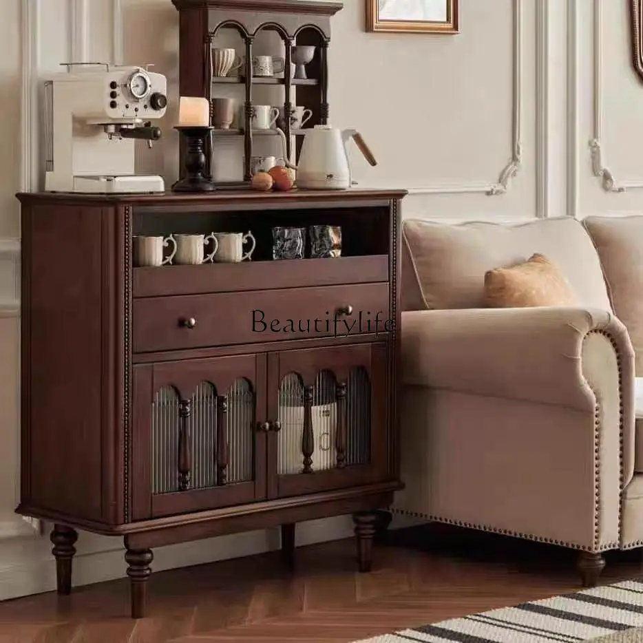 

French retro solid wood dining side cabinet, antique simple living room locker