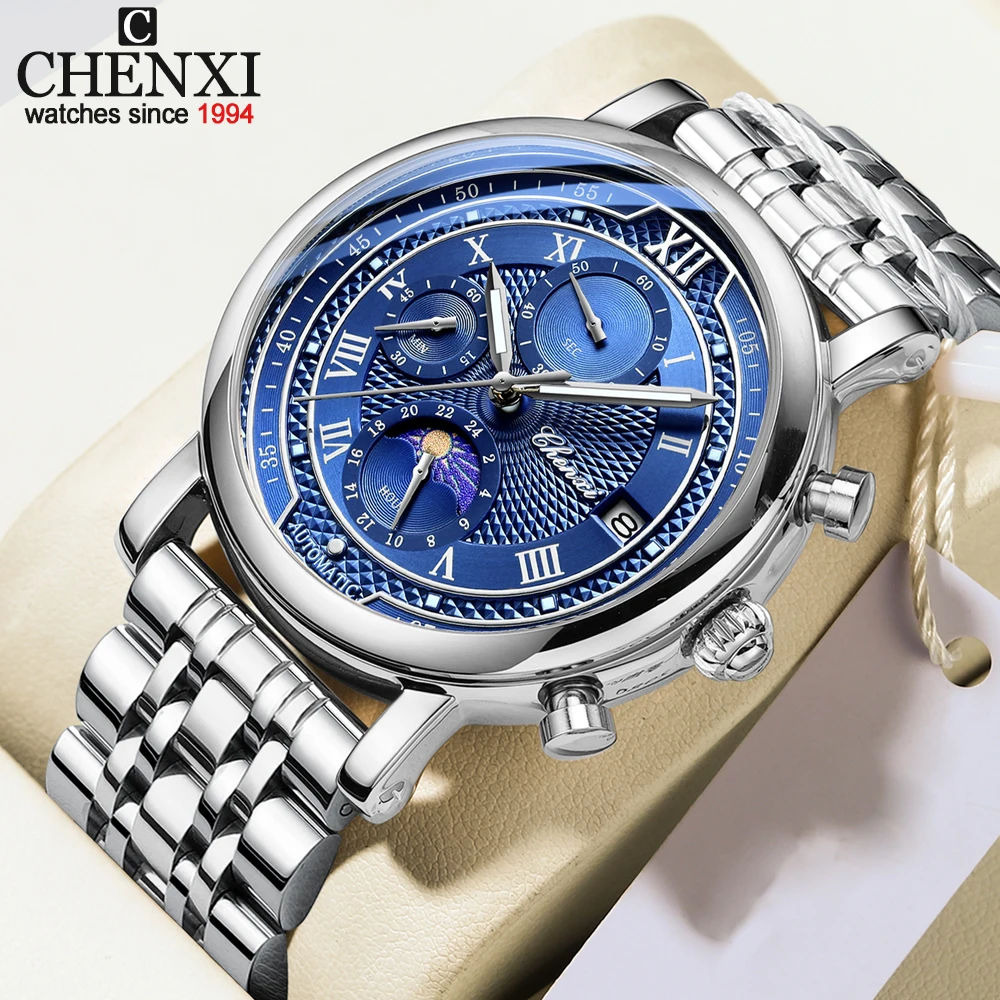 

CHENXI Men's Luxury Brand Watch Luminous Waterproof Moon Phase Chronograph Quartz Stainless Steel Wristwatch Date Clock
