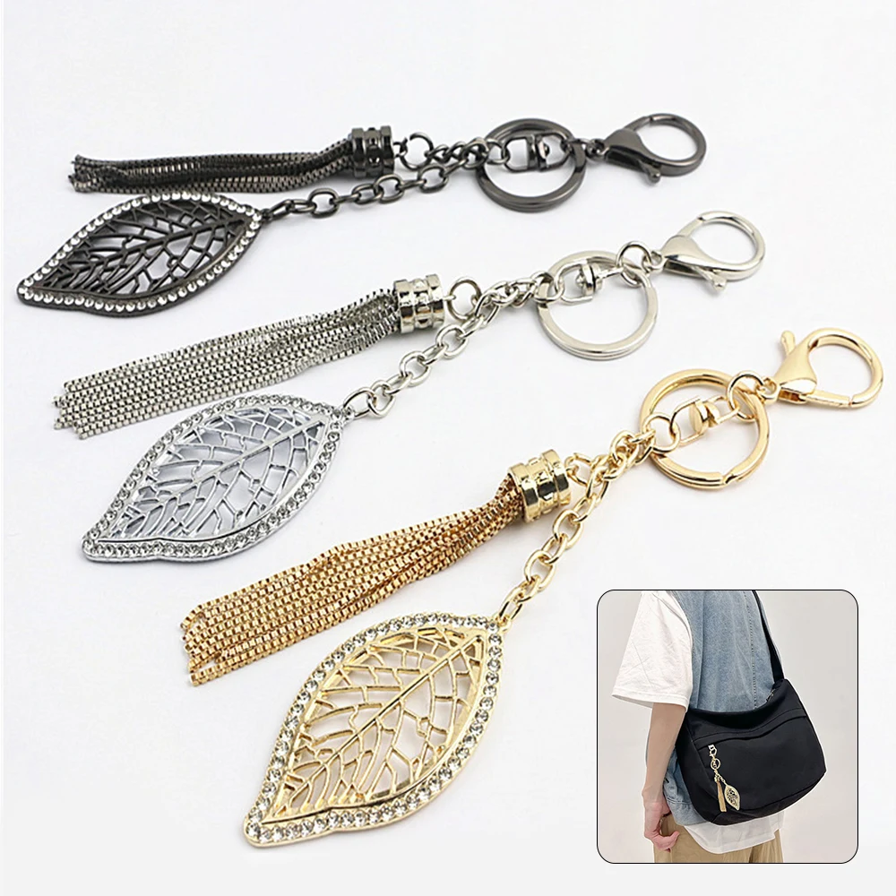 Fashion Leaf Shape Bag Hanging Hardware With Metal Tassel Chain Rhinestone Leaf Pendant Buckle Bags Hanging Accessories