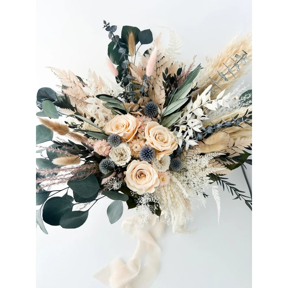 Dried Flowers,Blush Rose,Dusty Blue Greenery,Wedding Flowers,Bride and Bridesmaids Bouquets