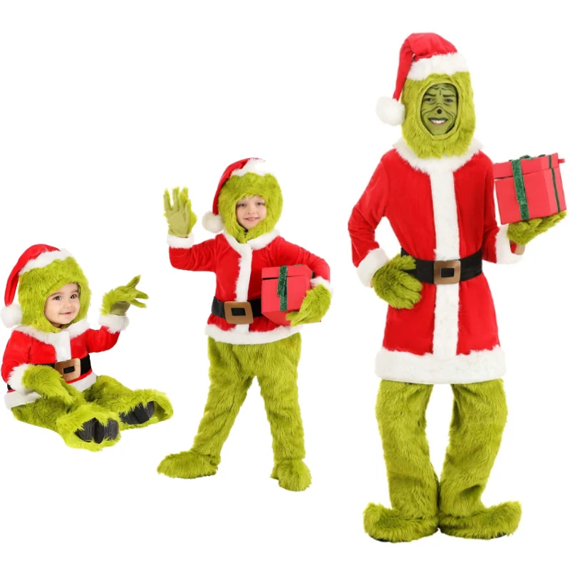 

Green Elf Cosplay Costumes Santa Claus Uniforms Suit Christmas Party Tops Pants Hats Belts Gloves Shoe Covers Xmas Gifts
