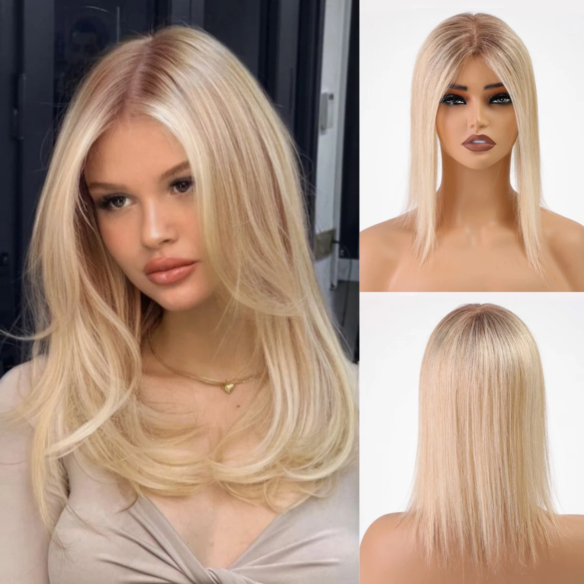 14 Inch Blonde to Brown Ombre 100% Human Hair Toppers with Dark Root Middle Part Lace Base Clip In Hairpiece Remy Extensions