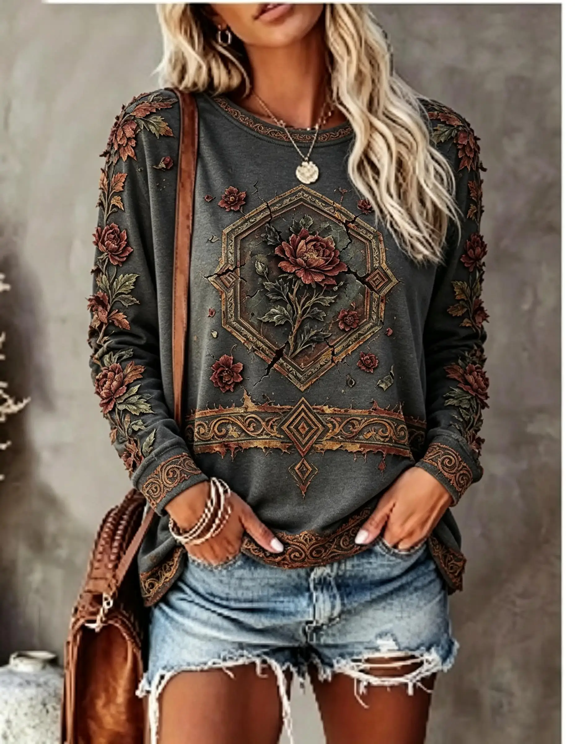 Women Crew Neck Long Sleeve T‑Shirt, Boho Mandala Ethnic Floral Print Casual Loose Pullover Tops view 4