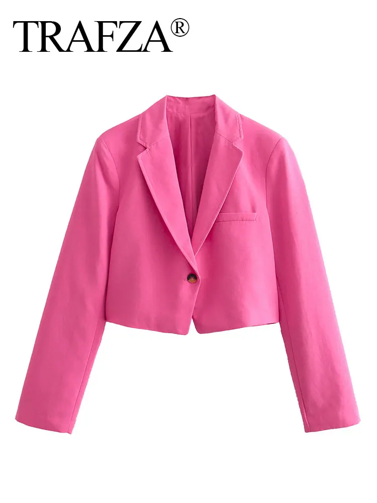 TRAFZA Women Cropped Blazer Coat Sweet Pink Single Button Long Sleeve Slim Jacket Spring Autumn Female Commuting Suits Outwear