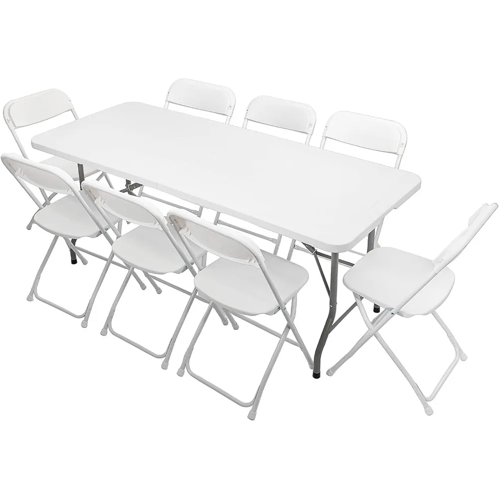 

6FT Plastic Folding Table Set with 6/8 White Folding Chairs for Picnic, Event, Training, Outdoor Activities,Home and Commercial