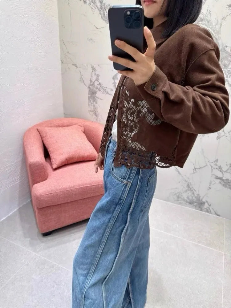 Top Quality Autumn Genuine Leather Suede Embroidered Hollow Out Female Jacket Turndown Collar Natural Sheepskin Thin Short Coat