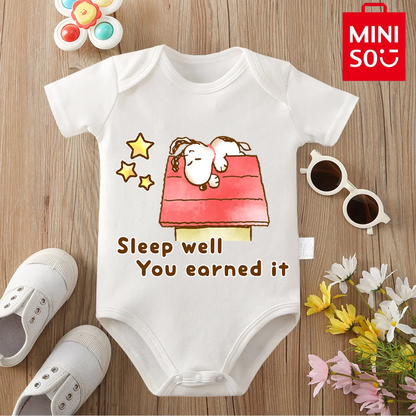 

MINISO Happy Snoopy боди из чистого хлопка, мягкая детская одежда, лучший подарок для ребенка, комбинезон для детей от 0 до 12 месяцев, милый новорожденный