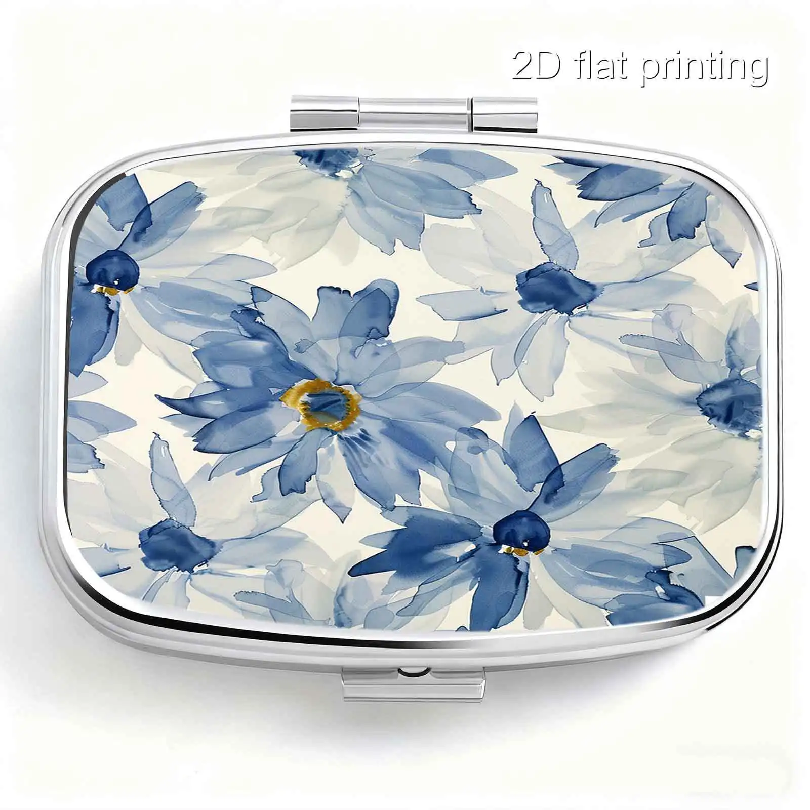 1 Flat-Printed Light Gray-Blue Halo-Dyed Floral Pattern Metal Square Pill Box—Double Compartment Outdoor Portable Pill Box, Morandi Light Gray-Blue Halo-Dyed Floral Pattern, a Must-Have for Travel and Vacation
