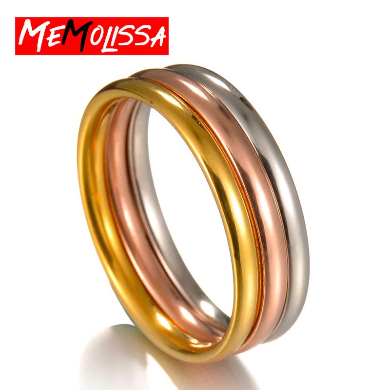 MeMolissa  New Products 3pcs/set Stainless Steel Tri-Color Rings Set Simple Women Fashion Jewelry Wholesale