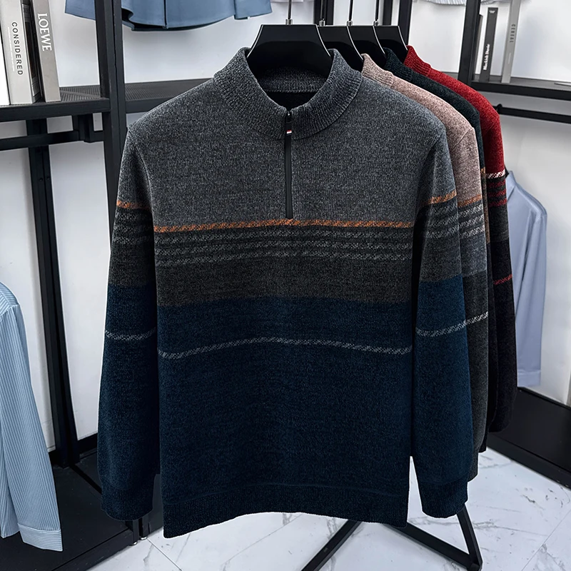 جودة عالية شخصية مخططة اللون منعت سترة الرجال أزياء نصف سستة جولة الرقبة الشتاء سميكة الدافئة محبوك السترة #6