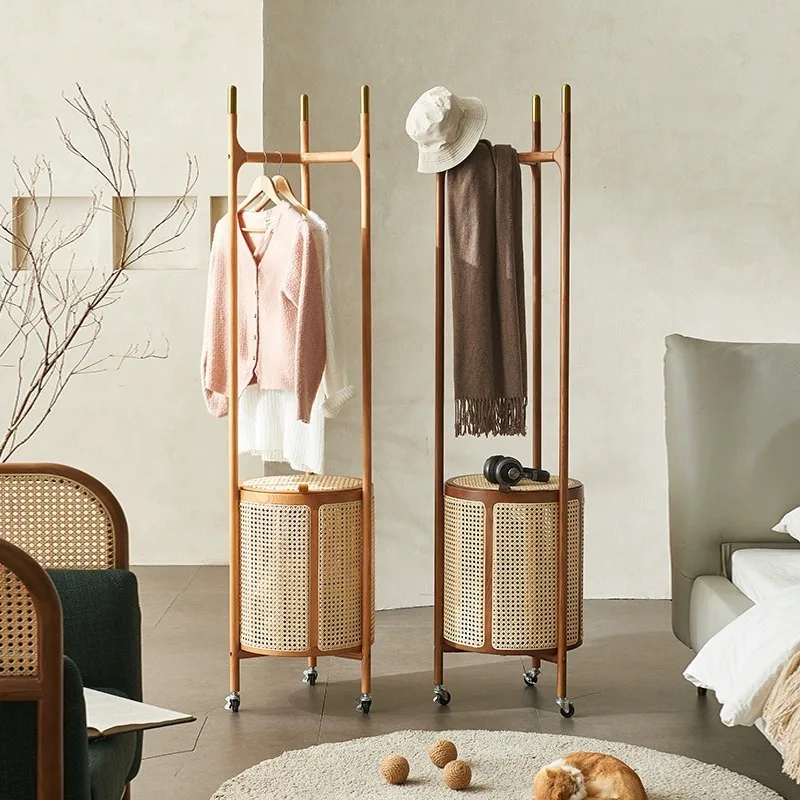 

Hanging hanger Floor-to-ceiling bedroom door Solid wood hanger Household ash wood removable dirty clothes basket Rattan coat