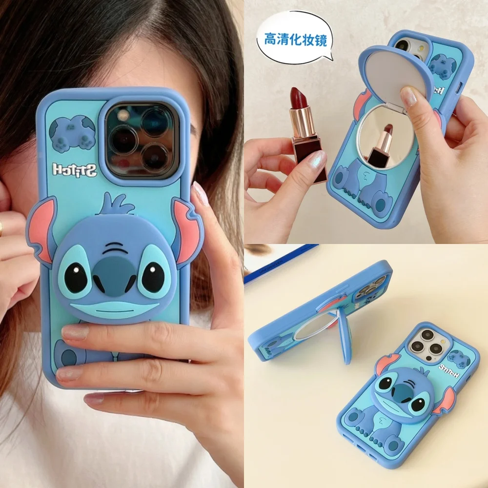 Funda de silicona suave con dibujos divertidos de Disney con soporte de espejo para iPhone 17 Pro Air 16 15 14 13 12 11 17 Pro Max