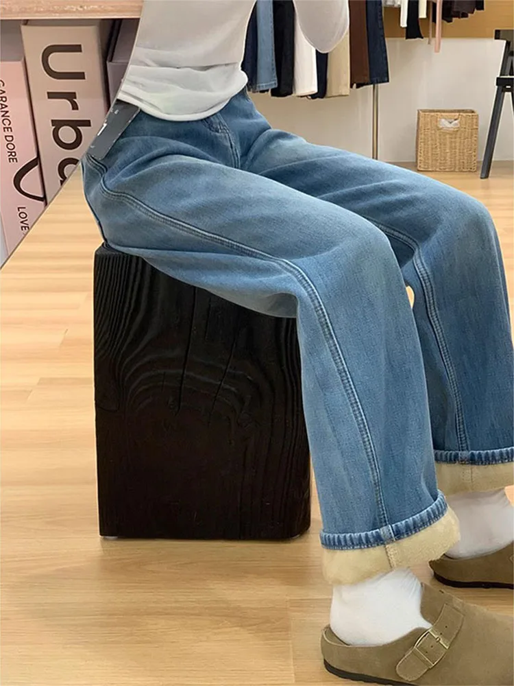 

Зимние толстые плюшевые прямые женские джинсы, синие повседневные теплые брюки с высокой талией и широкими штанинами, свободные женские брюки