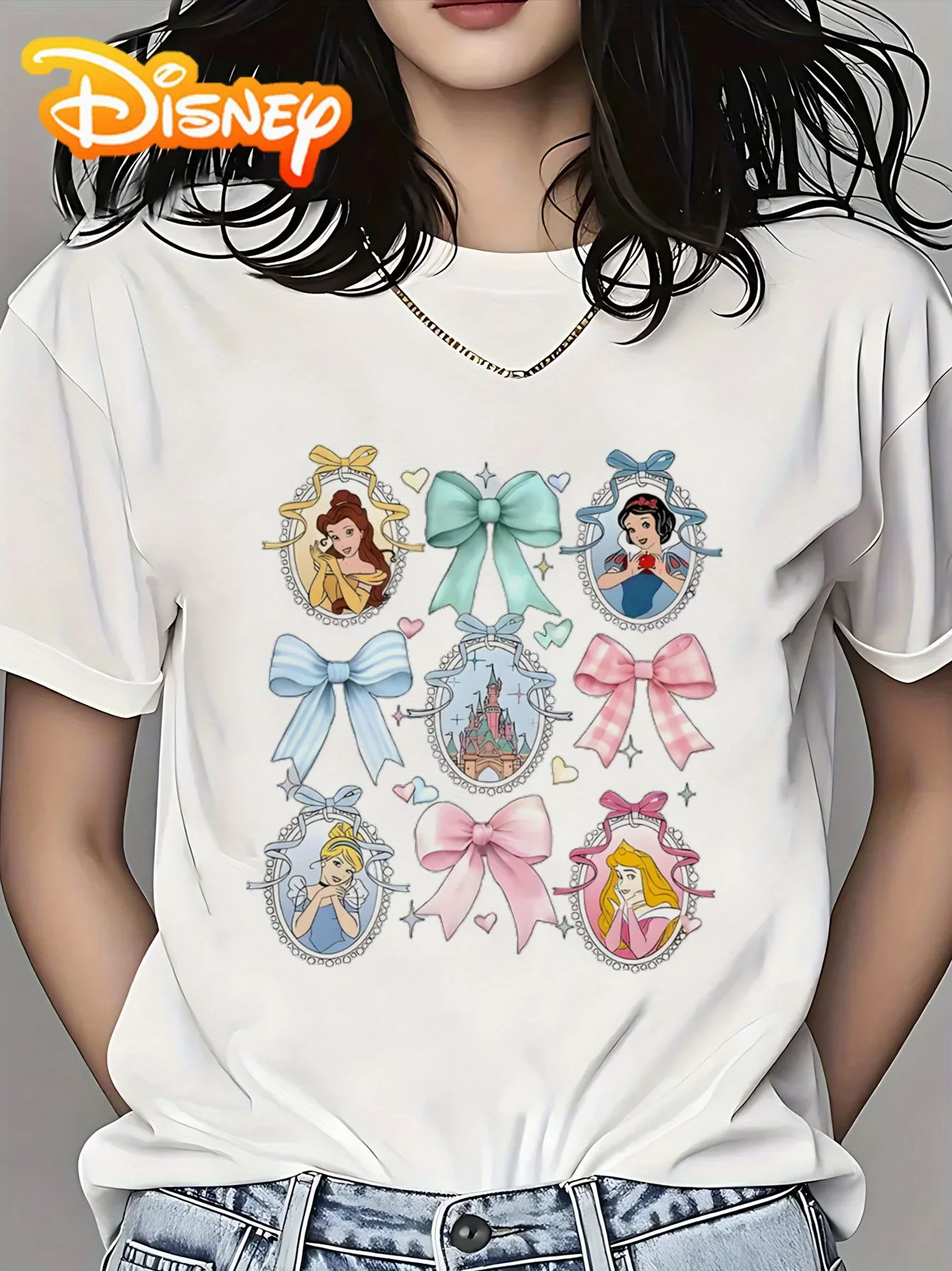 

2026 Summer Disney Princess Sweet Bow-themed 100% Cotton Printed Short-sleeved T-shirt Boys and Girls Parent-child Top Y2k