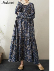 Oversized Autumn A-Line Flower Floral Print Long Dress Women Ruffle Fashion Ladies Dresses Casual Loose Pleated Woman Dress