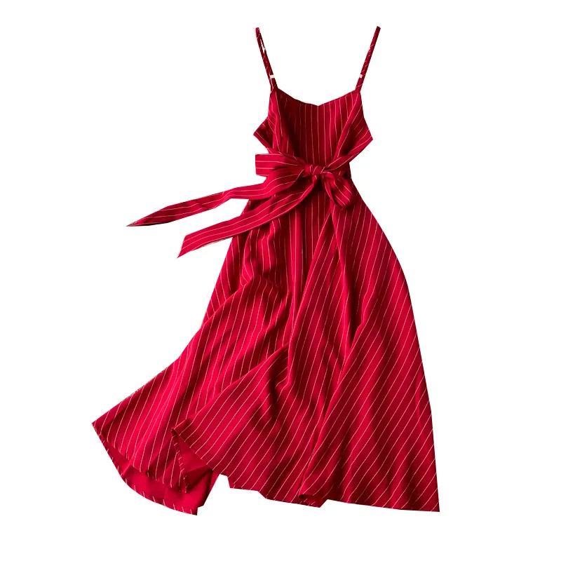 Sukienka wyszczuplająca z wysokim stanem, rozkloszowana, model Dr 2025, nowa, w paski, z paskiem, midi, casualowa, w stylu koreańskim, z dekoltem w serek.