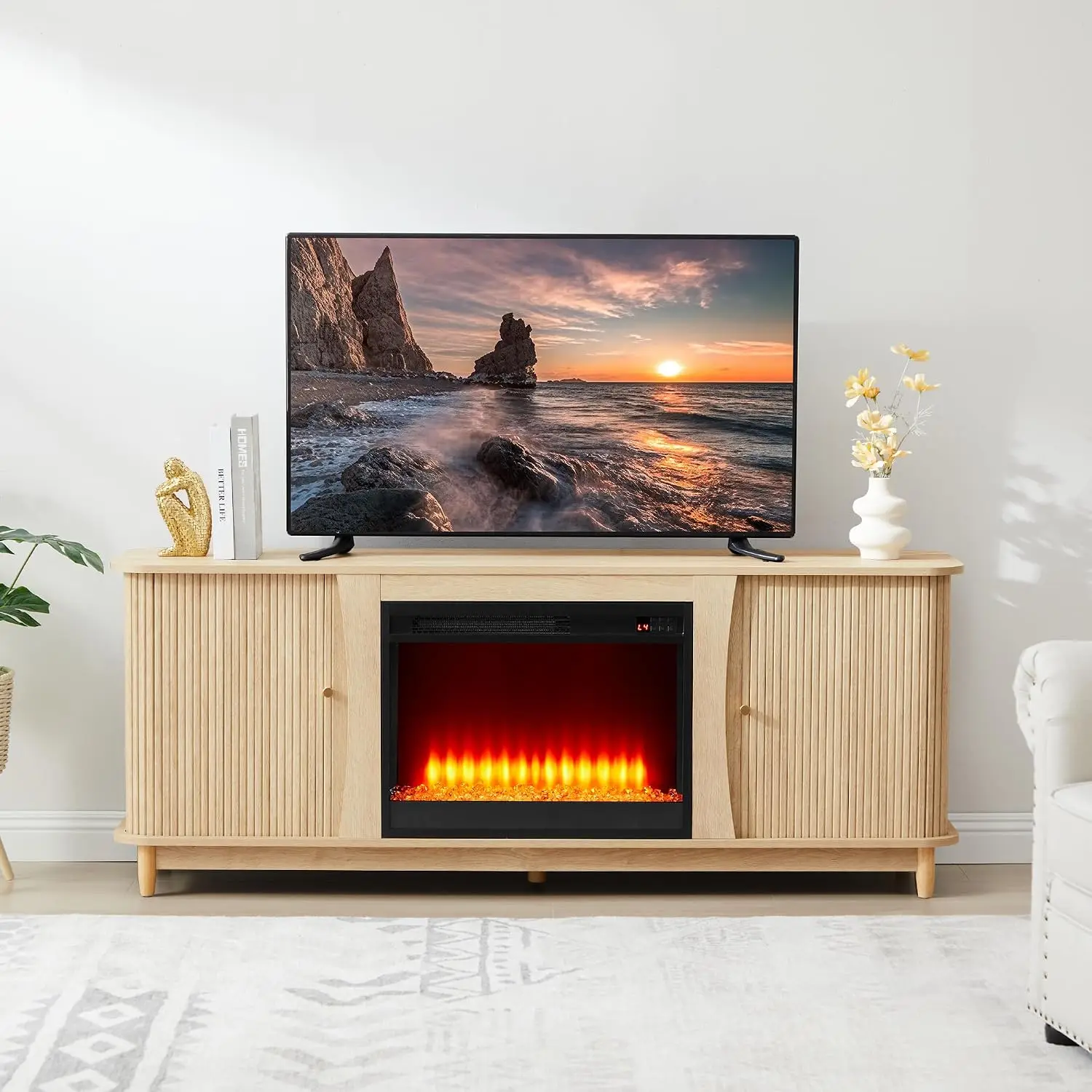 Fluted TV Stand with Sliding Door Storage, Farmhouse Entertainment Center Media Console for Living Room, Natural, Customized
