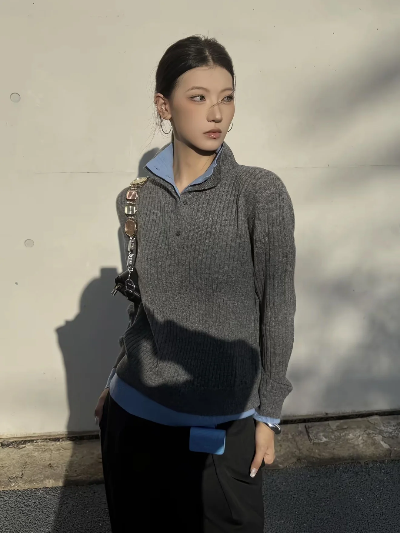 

Korean Sle Color Blo Knitwear Double Layer Collar Casual Loose Fit ex Autumn Winter Lazy Versatile High nce ...