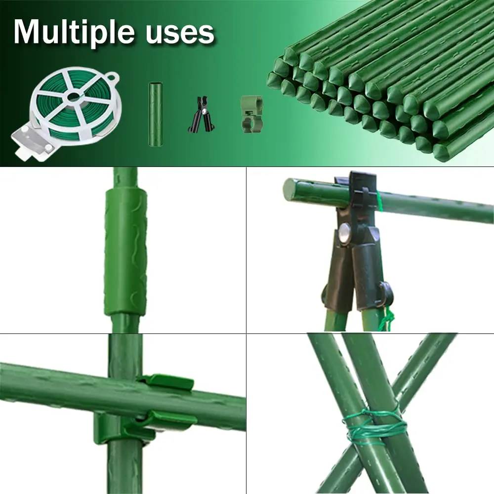 Garden Stakes Set for Plant Support, 15 Connectors, 15 Rotatable Clips, 5 A-Type Connecting Pipe, 30 m Twist Tie