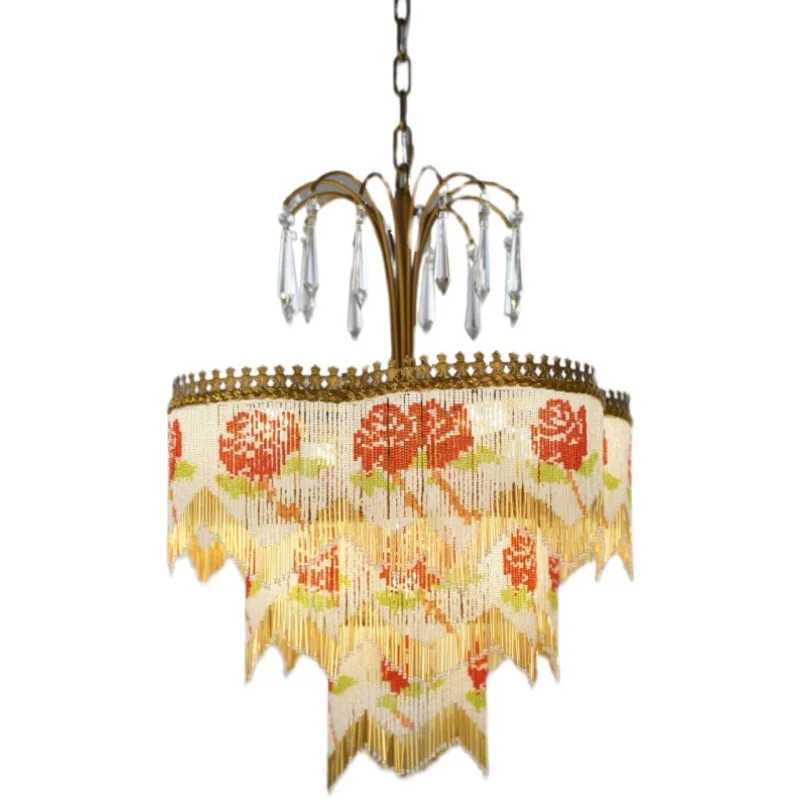 

French Vintage Dining Room Living Room Bedroom Romantic Pastoral Rose Crystal Tassel Full Copper Chandelier
