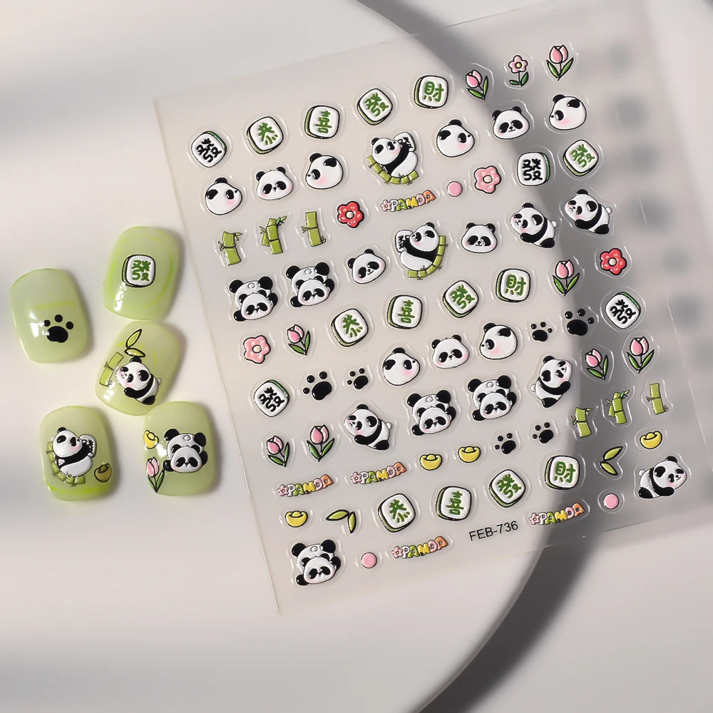 Pegatinas para uñas con diseño de Panda, calcomanías para manicura, FEB-736, 3D, 5D