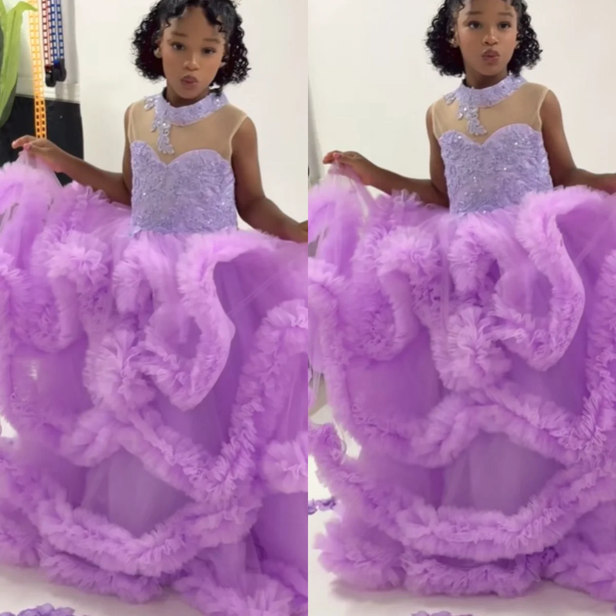

Lavender Ruffles Girls Birthday Dresses Princess Customized Tiered Tulle Flower Girl Dresses Kids Party Gowns for Photo Shoot