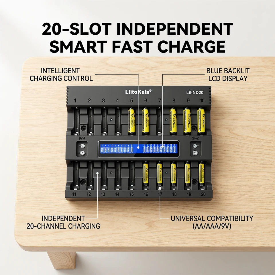 LiitoKala ND20 Family-Sized NiMH AA AAA Charger,20 Independent Channels,1.48V Output, for Toys,Remote, Game Controller Batteries