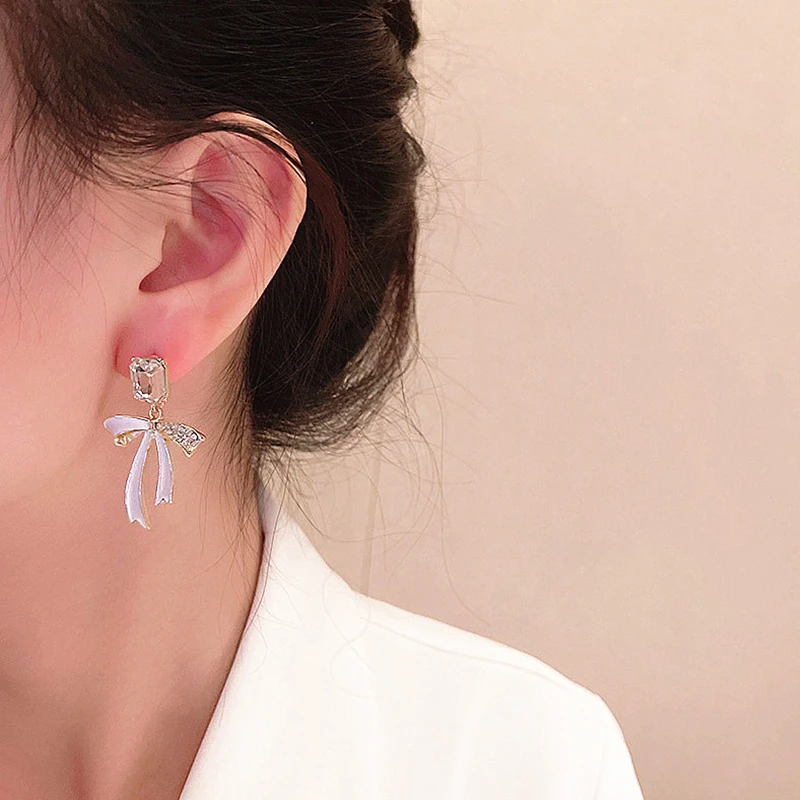 Korean Crystal Bow Earring Fashion Ribbon Bow Pendant Earrings for Women Girls Wedding Jewelry Pendientes Mujer Wholesale