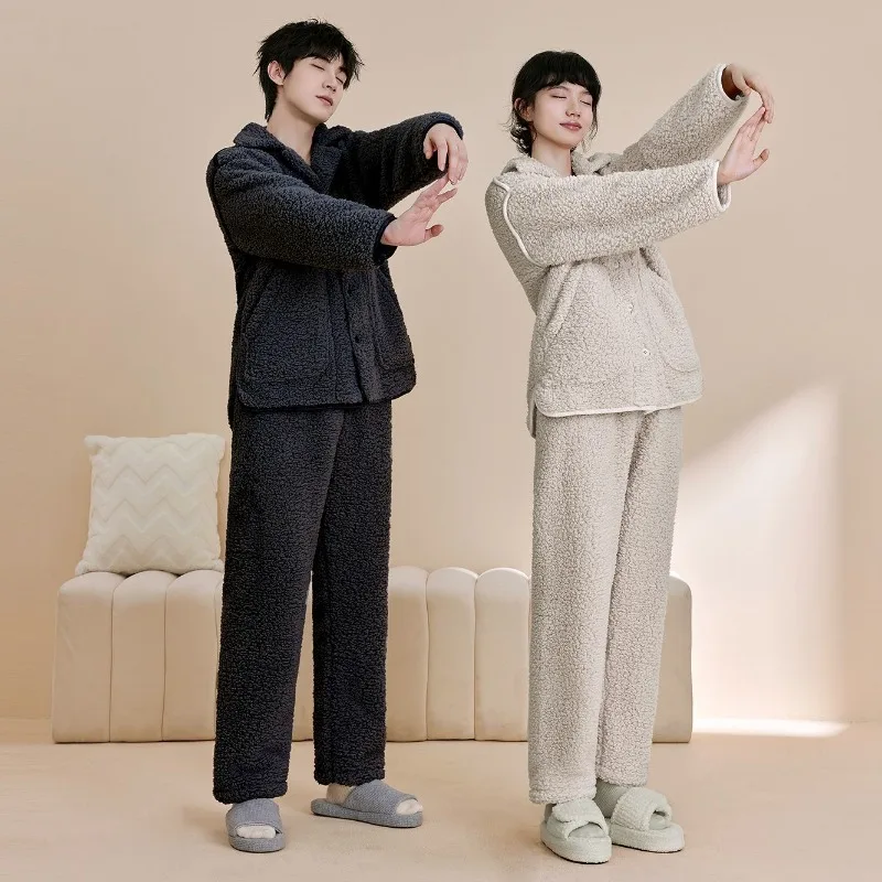 Couple Pajamas for Men Fleece Winter Sleepwear Korean Sleeping Night Wear Solid Pijama 2 Pcs Pants Sets Warm Pocket Home Suit