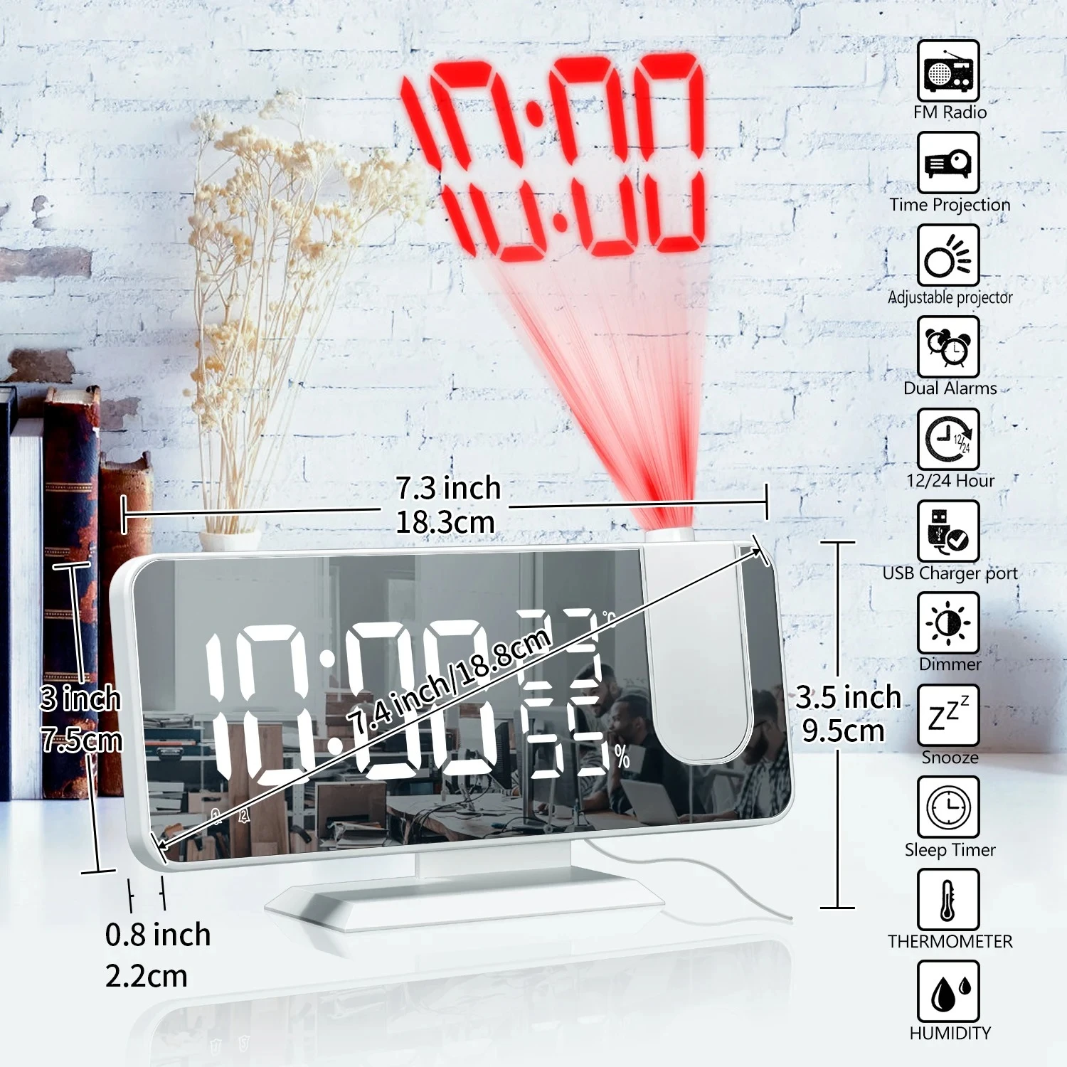 LED Digital Desktop Alarm Clock with FM Radio USB Powered Time Projector Dual Alarm Snooze Wake Up Function