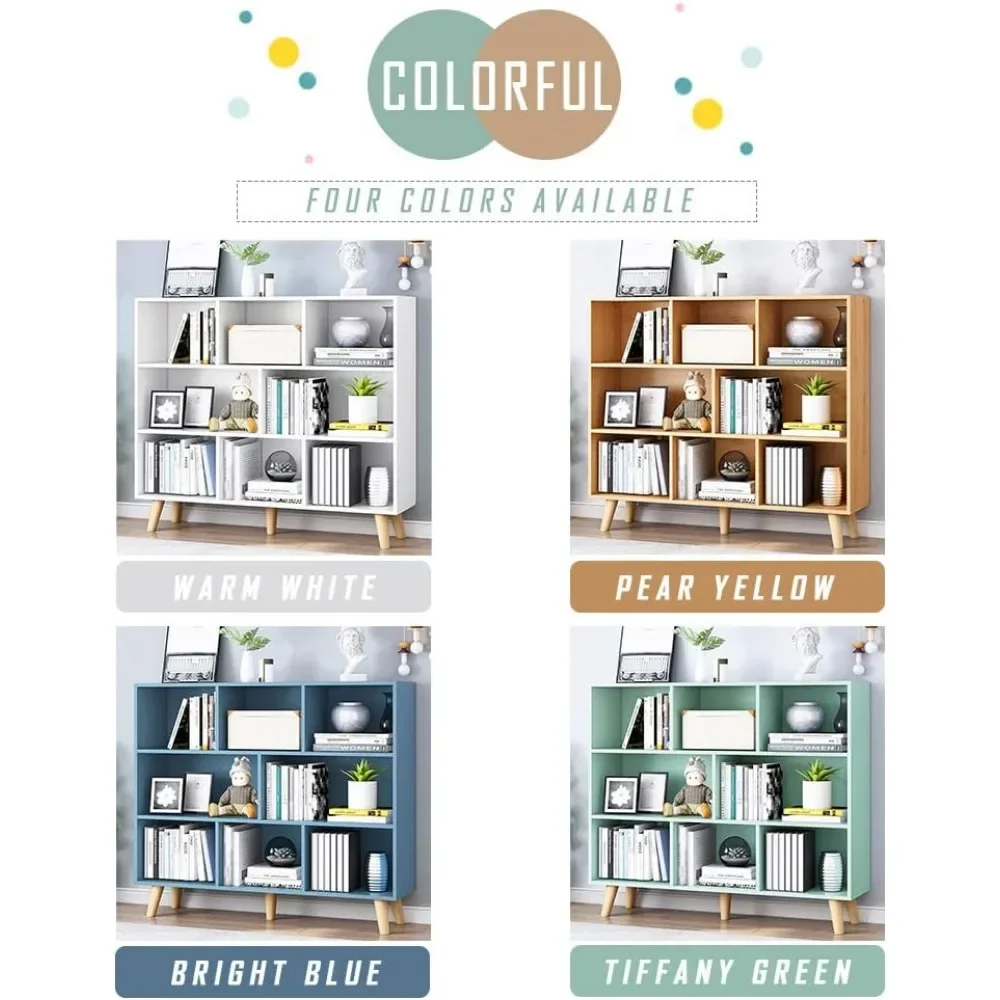Wooden Open Shelf Bookcase - 3-Tier Floor Standing Display Cabinet Rack with Legs, 8 Cubes Bookshelf, Warm White image 4