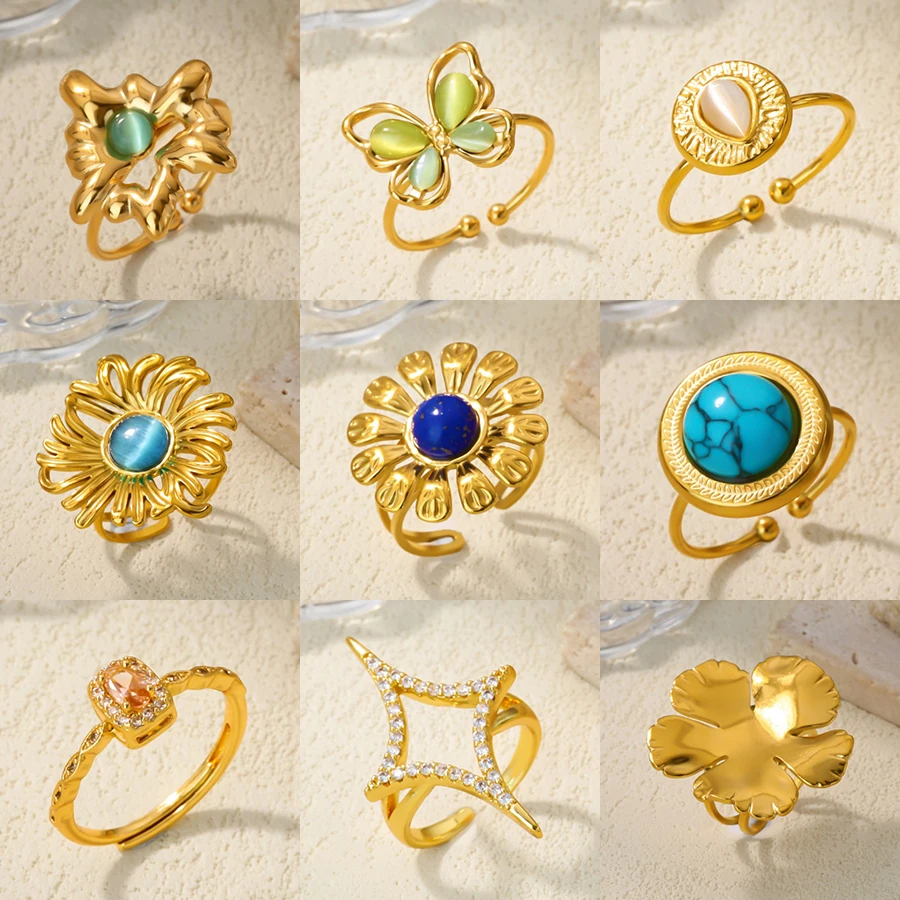 Luxury Stone Flower Rings For Women Stainless Steel Gold Color Open Finger Ring Trendy Wedding Party Aesthetic Jewelry Gift