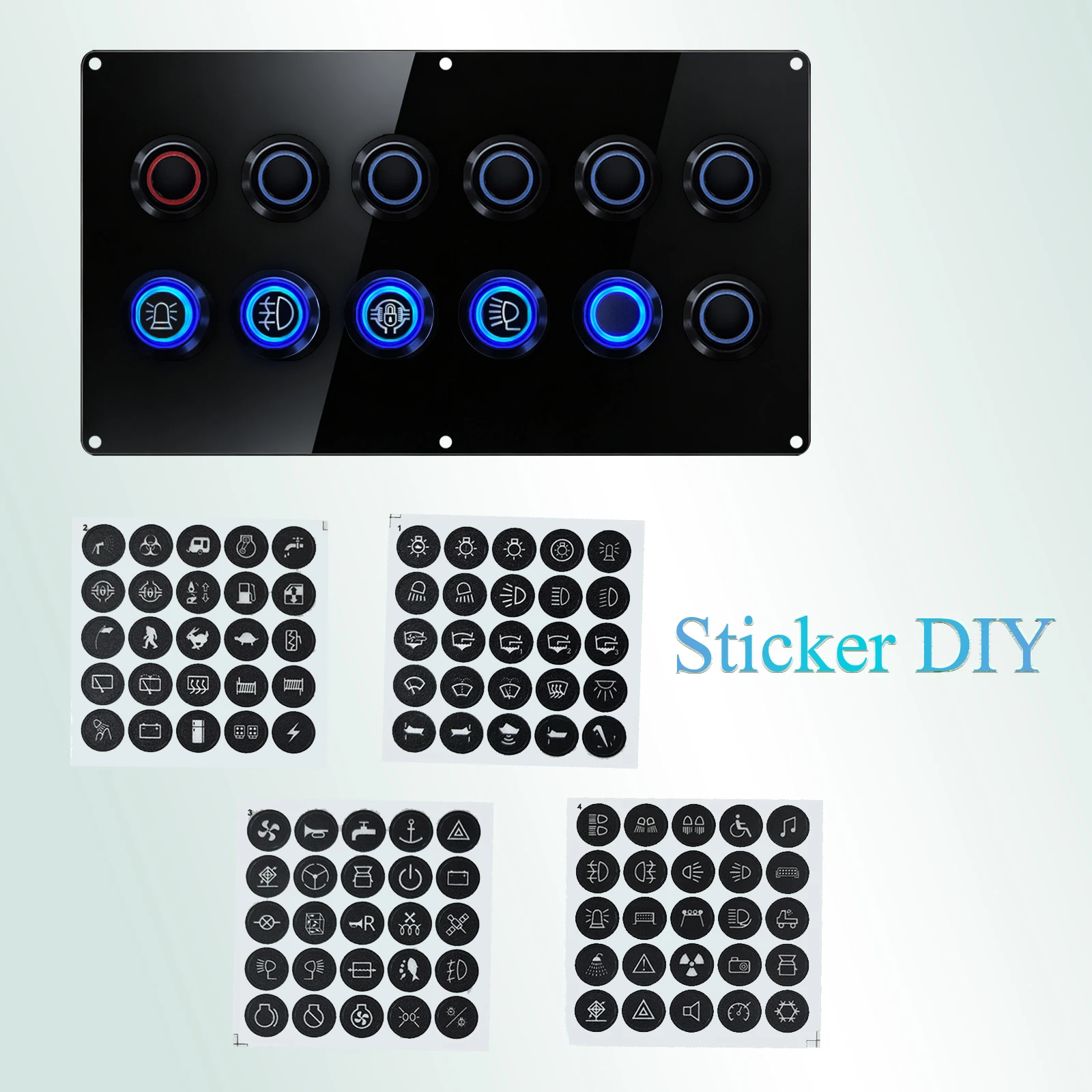 12V 24V 12 Gang Marine Switch Panel Waterproof Acrylic Push Button LED Fuse Circuit Breaker Pre-Wired for Boat RV Car Jeep Yacht