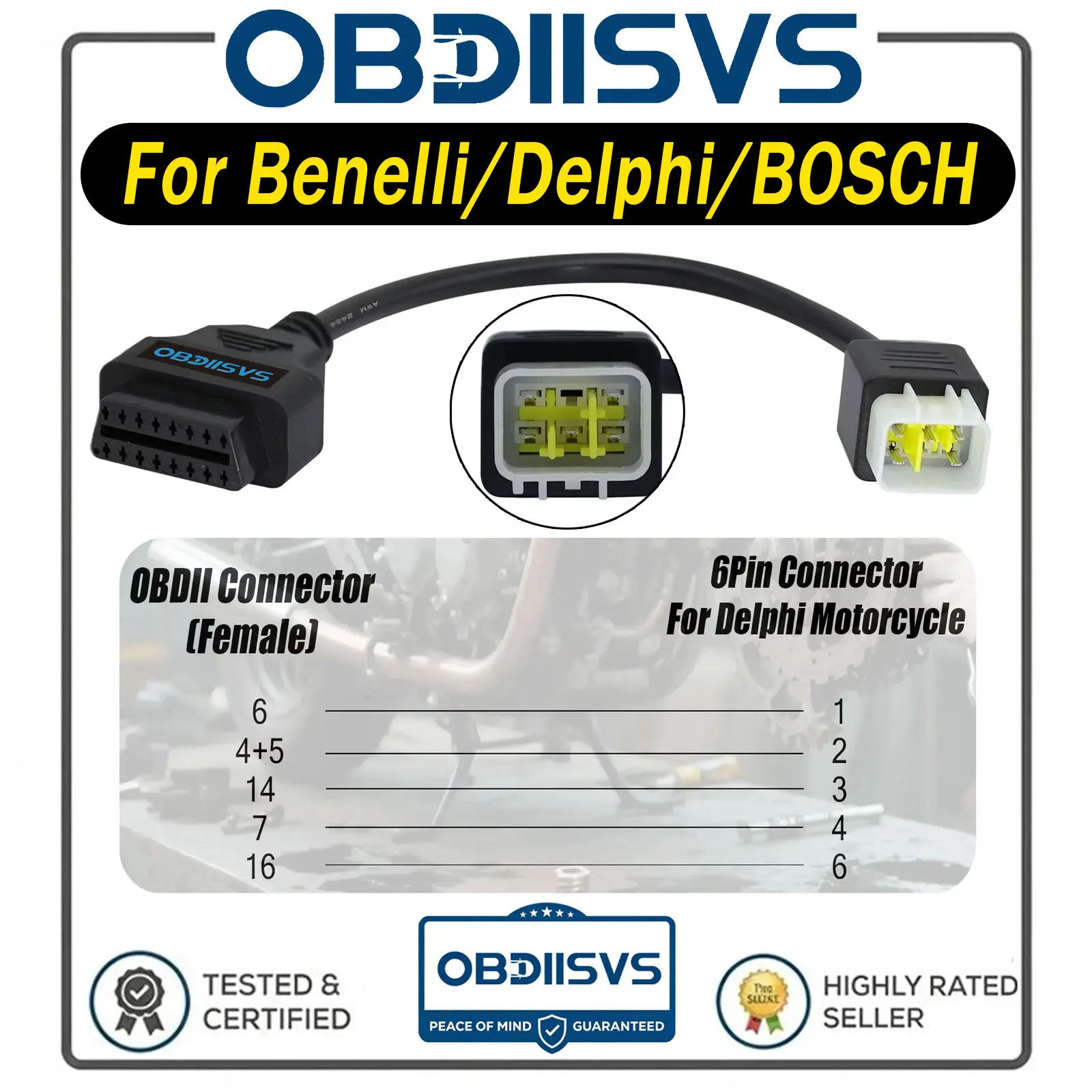 6Pin Diagnostic Cable For Delphi BOSCH OBD2 Adapter For Benelli TNT25/135/300/600,GT600,302R,TRK502,LEONCINO ECU Connector Cable