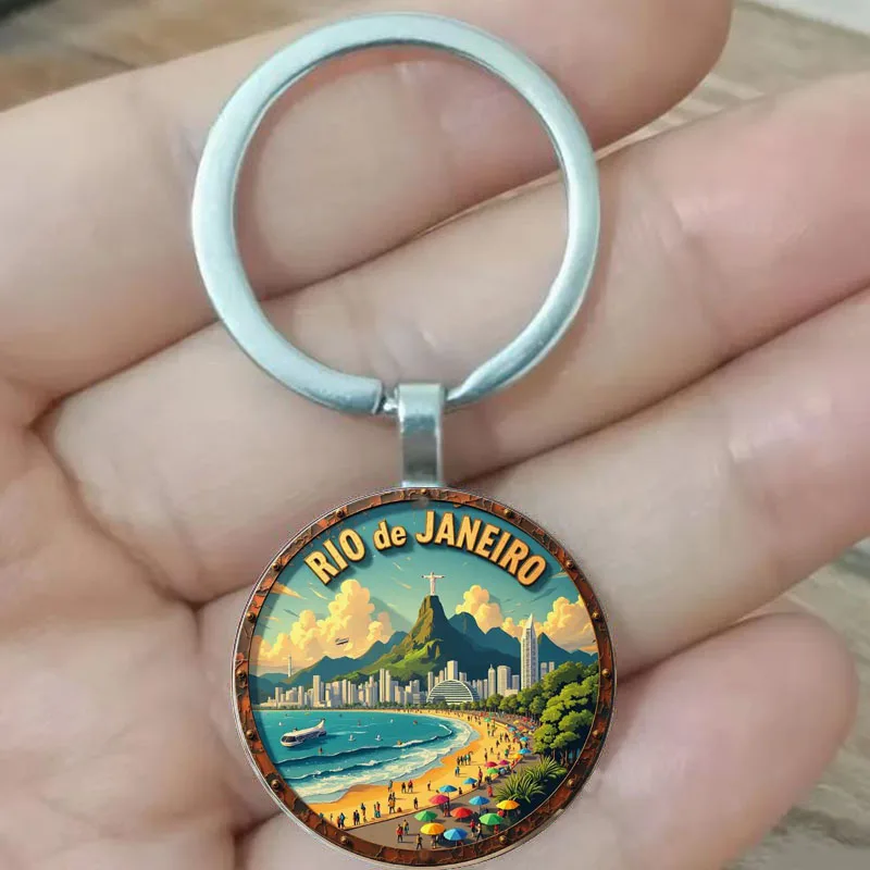 Rio de Janeiro Salvador Brasil Cristo e Copacabana Beach Chaveiro Vitalidade Pão Doce Montanha e Cidade Skyline Circular