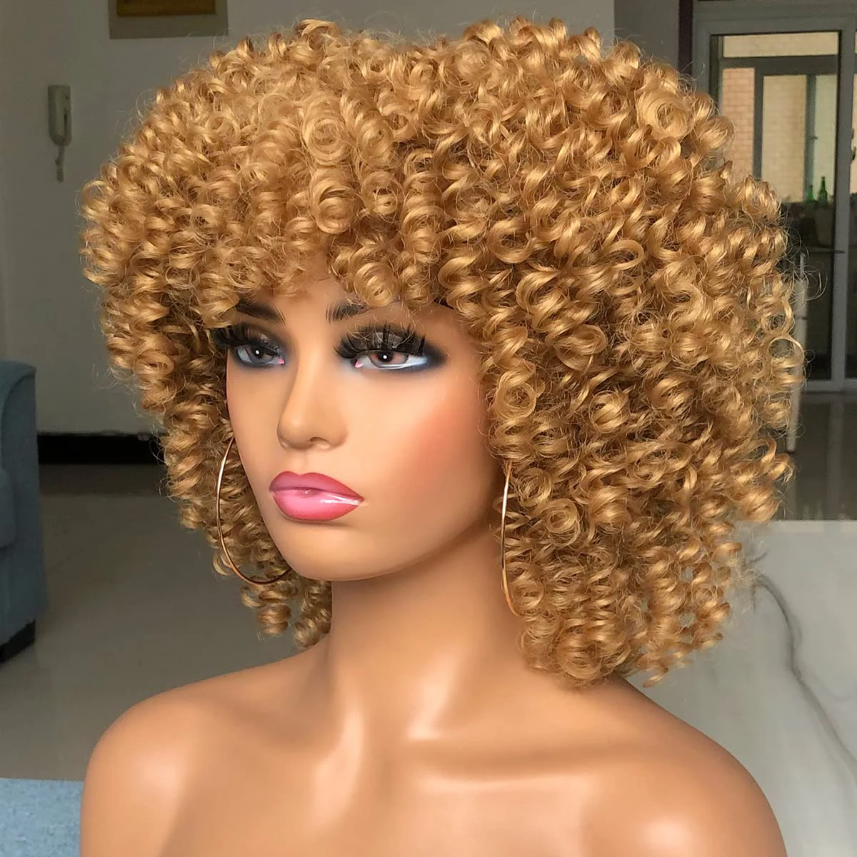 Short Curly Synthetic Wigs for Black Women with Bangs Afro Short Kinky Curly Big Bouncy Hair Wig14 inch