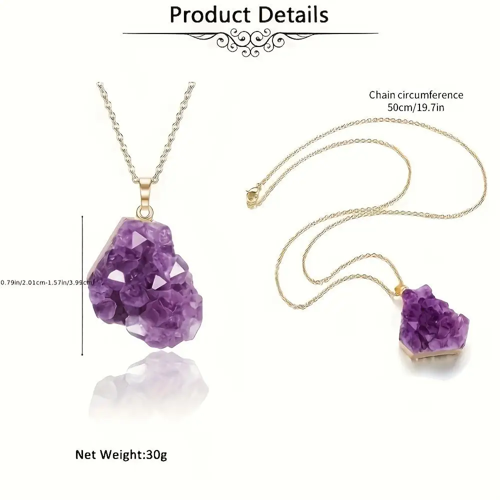 1pc Amethyst Cluster Crystal Necklace for Women Men, Irregular Raw Rough Loose Gemstones Amethyst Quartz Stone Pendant Necklace Jewelry - Creative Gifts for Father, Mother, Friends, Sisters and Grandparents on Valentine's Day, Birthday, Anniversary - view 3