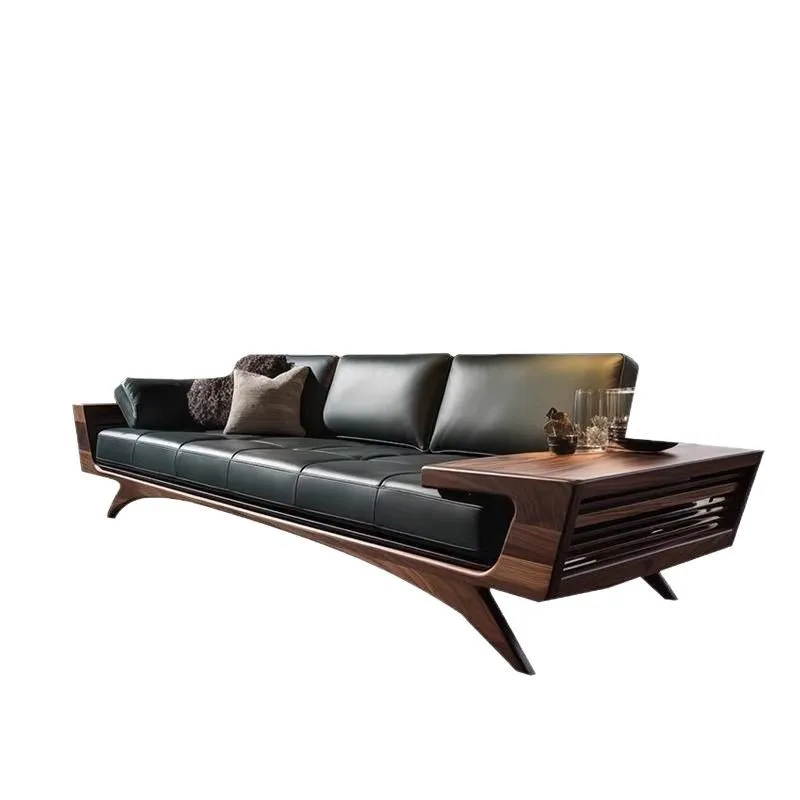 

New Chinese sofa living room new high-end walnut leather three or four solid wood straight row leather sofa