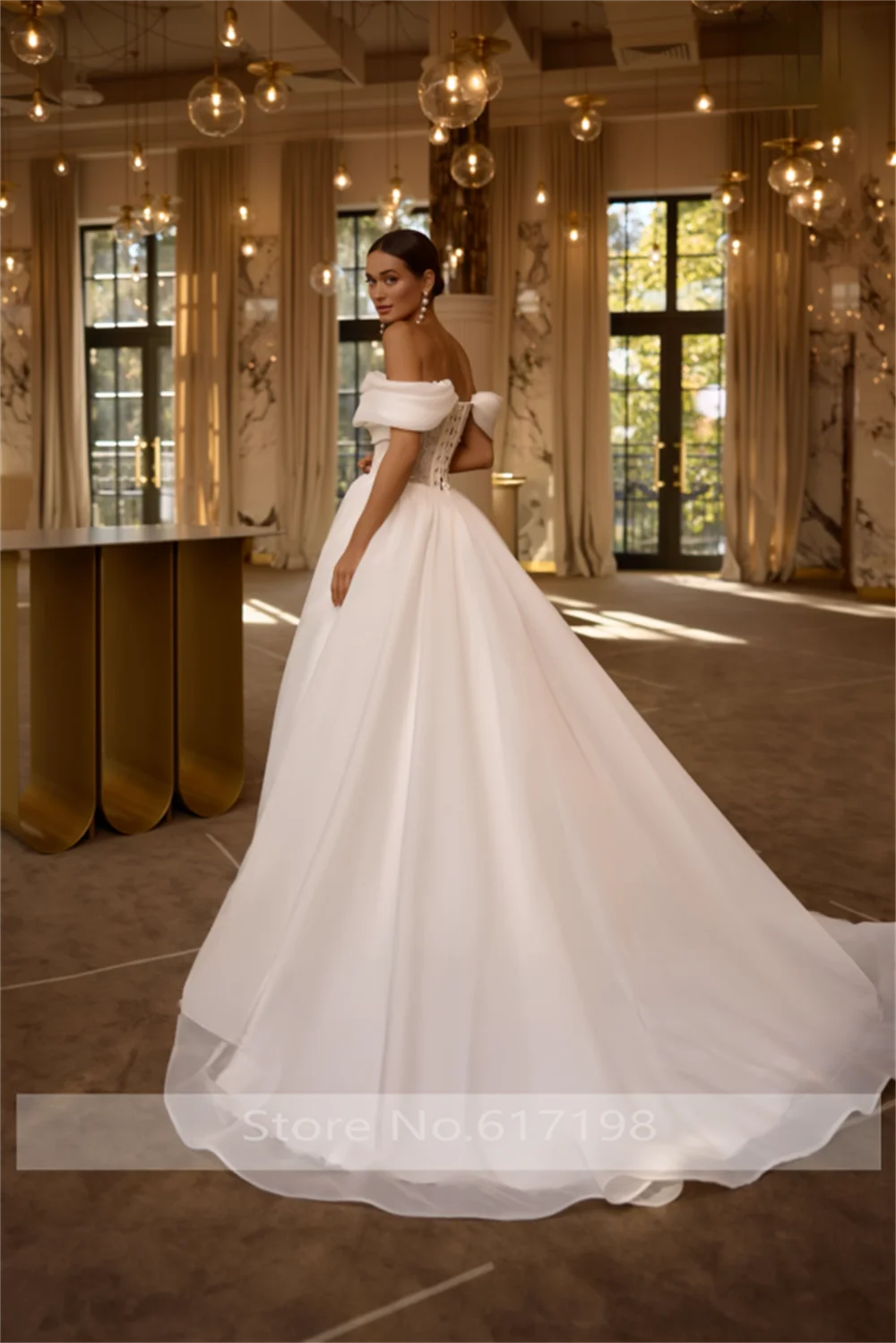 Off Shoulder Organza A-line Wedding Dress for Women with Appliques Lace Corset Court Wedding Gowns Long Sleeve Customized