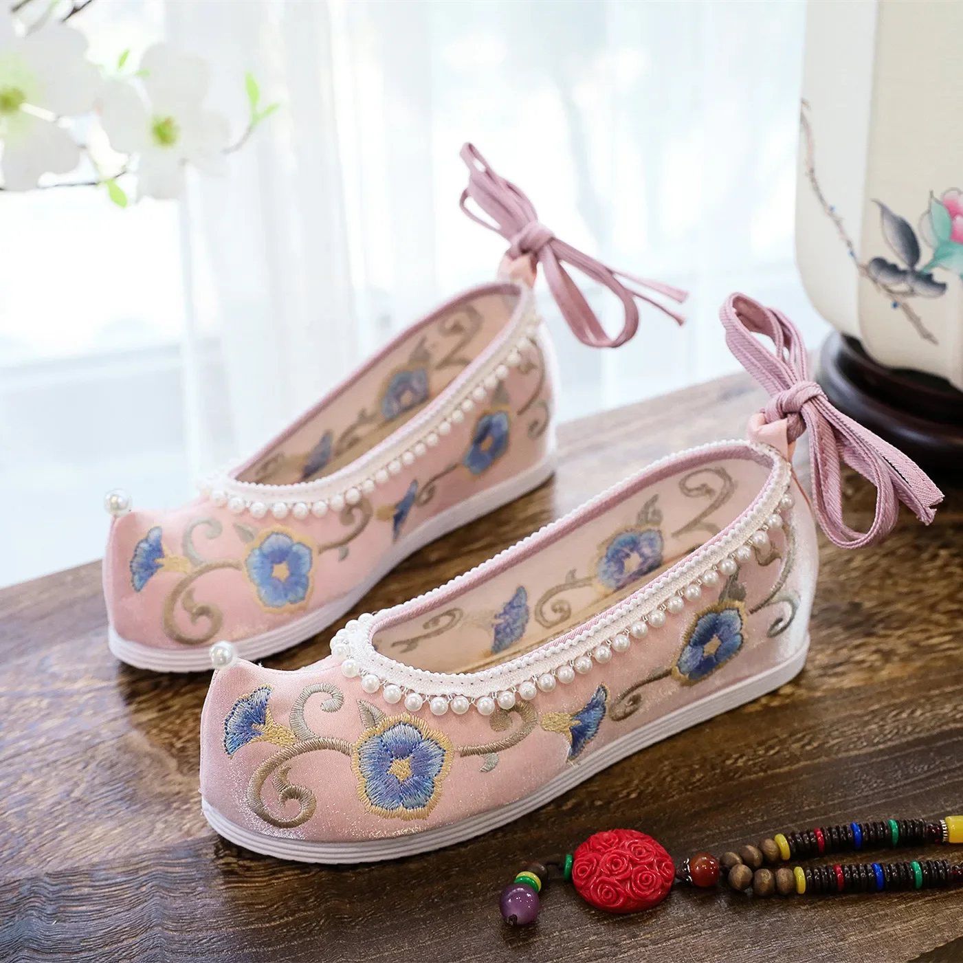 Zapatos Hanfu antiguos originales, zapatos antiguos con bordado rojo de tiro alto para mujer, zapatos de plataforma